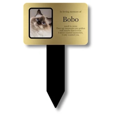 Image of Personalised Pet Cat Memorial Stake, Grave Marker or Outdoor Decoration/Ornament for the Garden Available in Silver/Gold/Copper/White (Various Designs) (Gold Photo)