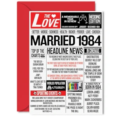 Image of 40th Anniversary Cards for Men Women Married 1984 Newspaper Happy 40 Wedding Card Husband Wife Dad Mum Aunt Uncle Vintage Retro 1984, 5x7 Inch Greeting