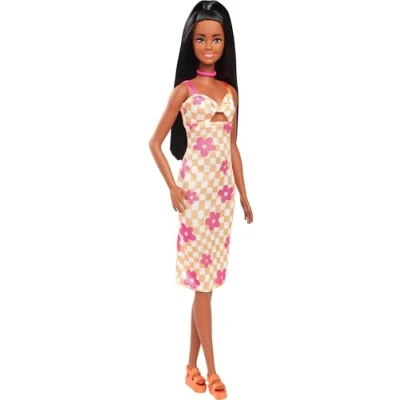 Image of Barbie Fashionistas Doll #233 with Black Hair, Wearing Checkered Orange and Pink Flower Midi Dress Necklace Sandals, HYT91