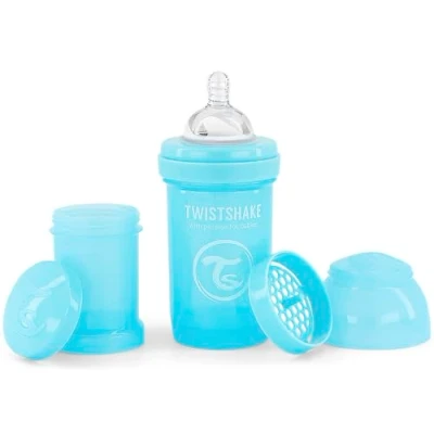 Image of Twistshake Anti Colic Baby Bottle with Milk Powder Container and Mixer 180ml Medium Flow Silicone Breast Like Nipple BPA Free Suitable for Newborn Babies (0+) Pastel Blue