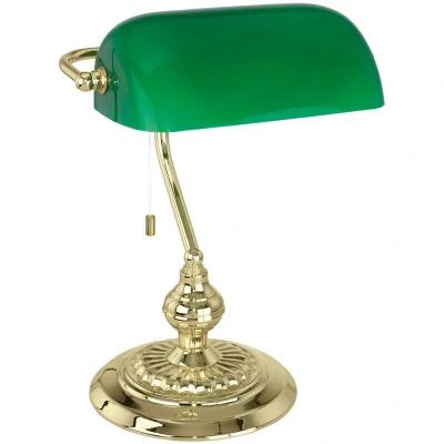Image of EGLO Table Lamp Banker, 1 Bulb Desk Vintage Design with Bronze Finish Steel and Green Glas Shade, Pull Switch, E27 Socket