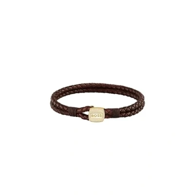 Image of BOSS Jewelry Men&#039;s SEAL Collection Bracelet with Brown Leather and Gold Stainless Steel Closure 1580667M