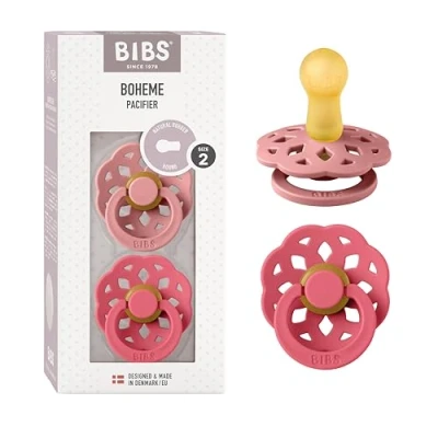 Image of BIBS Boheme Soother 2 Pack. BPA Free Dummy Pacifier, Round Nipple. Natural Rubber Latex, Made in Denmark, Size (6 18 Months), Dusty Pink/Coral