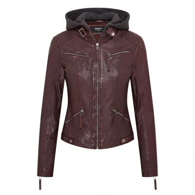 Image of Womens Burgundy Biker Leather Classic Hooded Jacket
