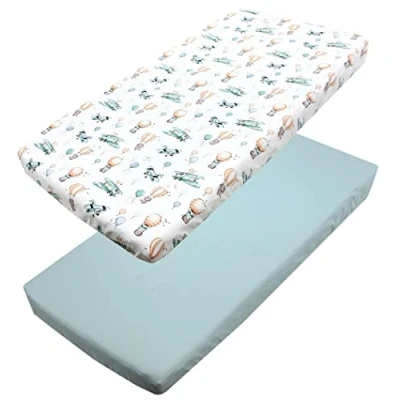Image of TupTam baby fitted sheet children for bed cot pack of 2, Foxes on the Plane/Green, 70 x 140 cm