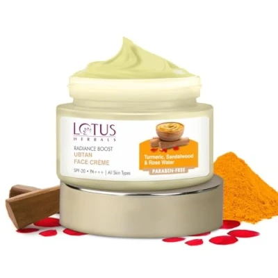 Image of Lotus Herbals Radiance Boost Ubtan Face Cream SPF 20 Turmeric, Sandalwood and Rose Water Glowing Skin Reducing Dark Spots Paraben Free Mineral Oil 50g