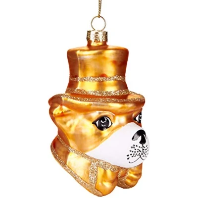 Image of BRUBAKER Stylish Dog with Hat and Bow Tie Gold Handpainted Glass Christmas Bauble Mouthblown Tree Decoration Figures Funny Pendant Ball 4 inches (10 cm)