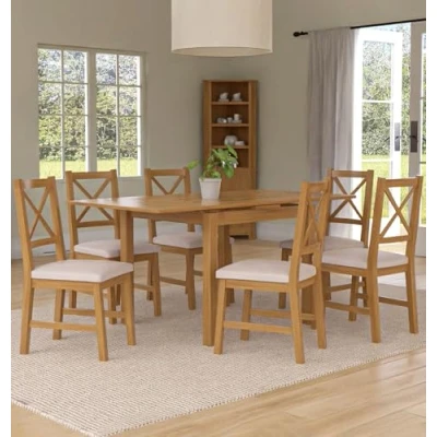 Image of Hallowood Furniture Waverly Extending Dining Table and Chairs Set 6, Light Oak Extendable Cross Back with Beige Fabric Seat, Small for Home Cafe