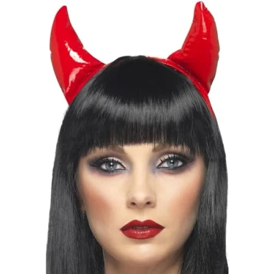 Image of Smiffys Devil Horns, Red on Headband, Halloween Fancy Dress Accessory, Up Accessories