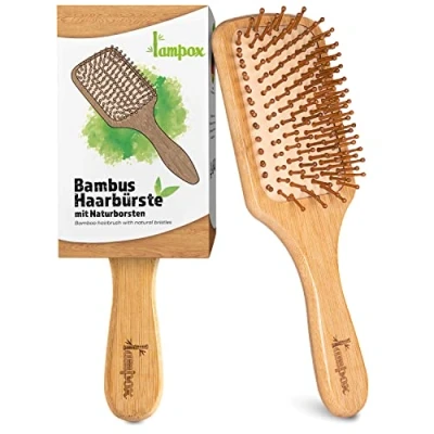 Image of Bamboo Wooden Hair Brush with Natural Pins, Paddle Brush, Detangling Detangler, Anti Static, Frizz, Curling Brushes
