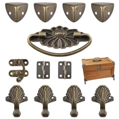 Image of MOROBOR Bronze Jewelry Box Antique Lock Latch Hasp Hinges Handle Corner Protectors Kit for DIY Box, Wood Case Chest Storage Feet Leg Protector, not Included