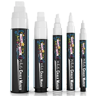 Image of Chalky Crown Chalk Pens Liquid Markers Dry Erase Pen for Chalkboards, Signs, Windows, Blackboard &amp; More 24 Chalkboard Labels Included 5 Pack, White, 1, 3, 6, 10, 15mm