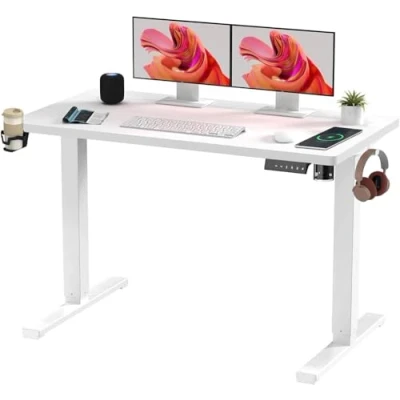 Image of SANODESK QS+110 * 60 Electric Standing Desk ONE PIECE Height Adjustable Sit Stand Up for Home Office(White Frame+ White Desktop)