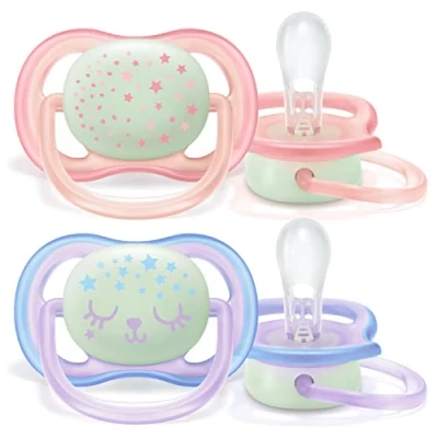Image of Philips Avent Soothers, 0 6m Ultra Air Night Soother with Glow in the Dark Button, Star/Bear Design, Pink/Purple (Pack of 2) SCF376/12