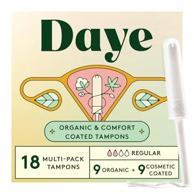 Image of Daye Mixed Pack Tampons with Sugarcane Applicator, 9 Organic + CBD, No Shed Sleeve, Ocean Safe Flushable Wrapper, 100% Cotton, Regular Absorbency, 18 Count