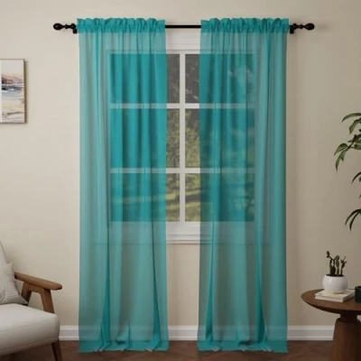 Image of Pacok Teal Voile Curtains, 108 Drop 2 Panels Net Curtain for Windows, Rod Pocket Sheer Panel Curtains Living Room Kitcken Bedroom W56xL108 Inch(Teal, 142 x 274cm)