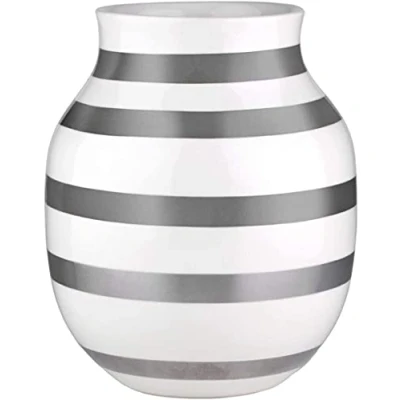 Image of HAK Kähler Omaggio vase made of porcelain with stripes, modern vase, round, bulbous, Scandinavian design for flowers, silver, 20cm