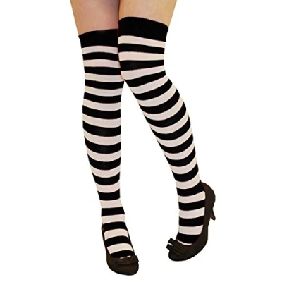 Image of Crazy Chick® Halloween Ladies Black White Striped Over The Knee High Socks