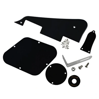 Image of FLEOR Set of LP Pickguard/Control Backplate/Selector Switch Cover/Toggle Ring/Truss Rod Cover/Chrome Bracket/Mounting Screws for Standard Guitar, 1Ply Black