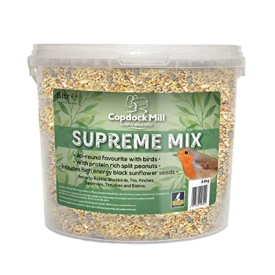 Image of Copdock Mill Wild Bird Seed Supreme Mix 5L Tub All Year Round Food 100% Natural Ingredients Including Peanuts for Birds Suitable Species