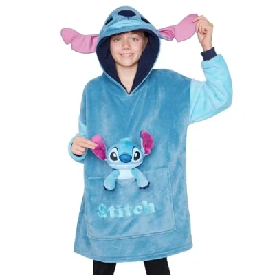 Image of Disney Stitch Fleece Hoodie Blanket with Plushie for Kids Teenagers Eeyore Angel Minnie Mouse Oversized (Blue Stitch)