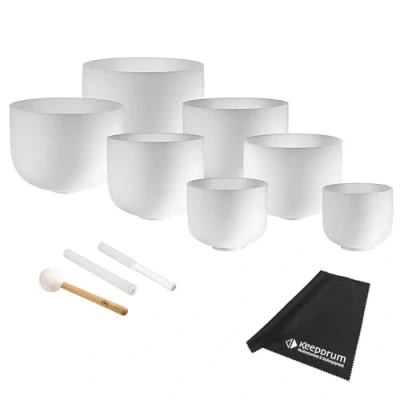 Image of Meinl Sonic Energy CSBSETCHA Crystal Singing Bowl Chakra Set + Beater / Grater 7 Silicone Rings Keepdrum Microfibre Cloth