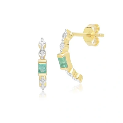 Image of Classic Baguette Emerald &amp; Diamond Half Eternity Hoop Earrings in 9ct Yellow Gold
