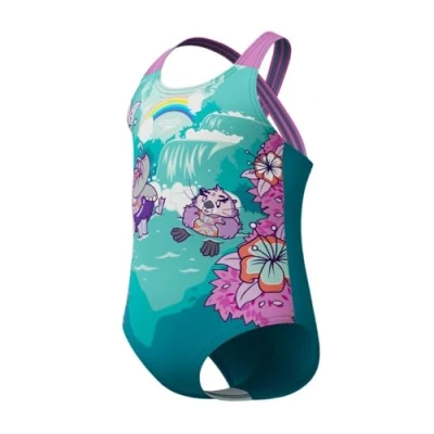 Image of Speedo Girl&#039;s Learn to Swim Printed Crossback Swimsuit Chlorine Resistant Recycled Fabric Stretchy Swimsuit, Neon Violet, 9 12M