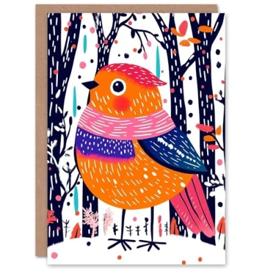Image of Wee Blue Coo Greeting Card Cute Robin Bird Pink Scarf Winter Forest Folk Art Blank For Him Or Her Xmas Christmas