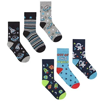 Image of Sock Stack Boys Socks 6 Pairs Of Kids Dinosaur Football Space Gaming Cotton Rich Socks, Outer Space, 8