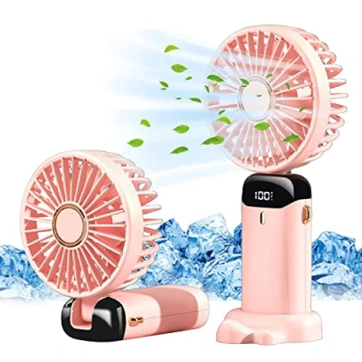 Image of Jsdoin Hand Held Fan,Portable Handheld USB Rechargeable Fans with 5 Speeds,Battery Operated Mini Fan Foldable Desk Desktop LED Display for Home Office Bedroom Outdoor Travel (Pink)