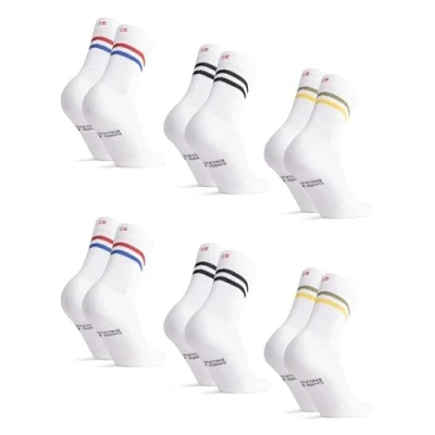 Image of DANISH ENDURANCE Classic Tennis Crew Socks for Sports &amp; Everyday, Trainer socks, Men Women 6 Pack Multicolour (2xBlack Stripes, 2xGreen/Yellow 2xRed/Blue Stripes) 9 12