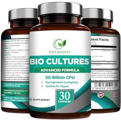 Image of Natures Zest 50 Billion CFU Probiotics with Prebiotics Bio Cultures Multi Strain Probiotic Formula for Men &amp; Women 30 Vegan Capsules Live Supplement Acidophilus