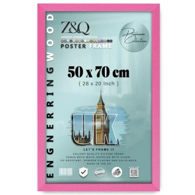 Image of Z&amp;Q Wall Mounted Poster Picture Frame Pink 50 x 70 cm Display Painting Photo Print With HD Clear Perspex Both Ways Hanging Hooks MDF Wood 30x15mm Moulding