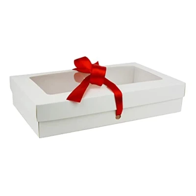 Image of Emartbuy Pack of 12 Rectangle Shaped Presentation Gift Box, 25 cm x 15 5 cm, White Kraft Box with Clear Lid and Red Satin Ribbon