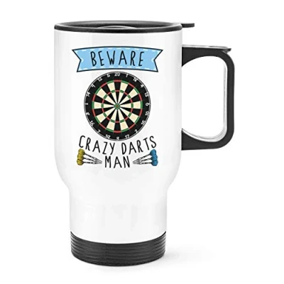 Image of Beware Crazy Darts Man Travel Mug Cup with Handle