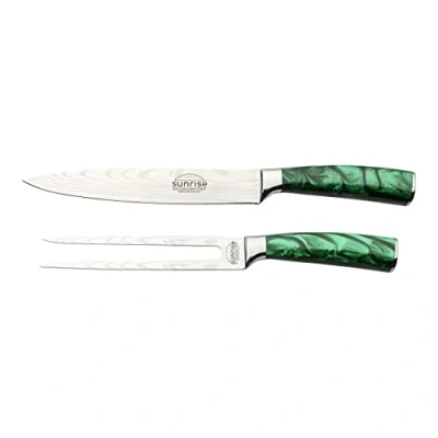 Image of Rockingham Forge Sunrise Collection Carving Knife and Fork Set, Premium Stainless Steel with Resin Handles, Green