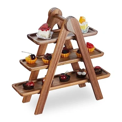Image of Relaxdays Etagere, 3 Tier, Acacia Wood, Foldable Frame, Snack Display, HWD: 38 x 41 15 cm, Rustic Serving Stand, Brown