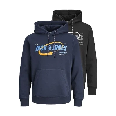 Image of JACK &amp; JONES Men&#039;s Jcoblack Sweat Hood Ch 2pk MP Sweatshirt, Black/Pack: Black and Navy Blazer, XL