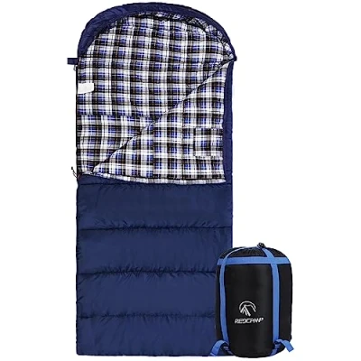 Image of REDCAMP Winter Sleeping Bag for Adult, Wide Cotton Flannel with Hood 3 4 Season Cold Weather Camping Fishing, 300g/㎡