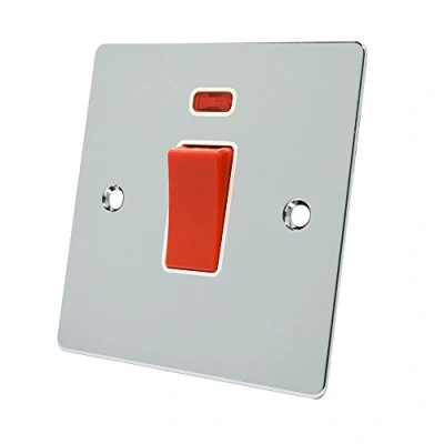 Image of Alliance Electrical FPCCSWWH Polished Chrome Flat 45A White Insert 45 Amp DP Cooker Switch w/Neon Indicator 1 Gang Plate