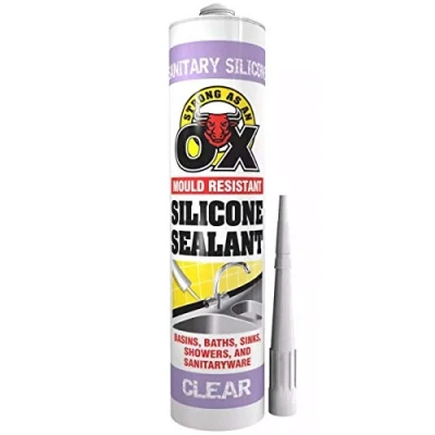 Image of Strong as an Ox Sanitary Silicone Mould Resistant Sealant for Sealing Around Basins, Baths, Sinks, Showers, 300ml, Clear