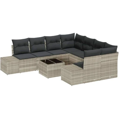 Image of vidaXL 9 Piece Garden Sofa Set with Cushions Light Grey Poly Rattan