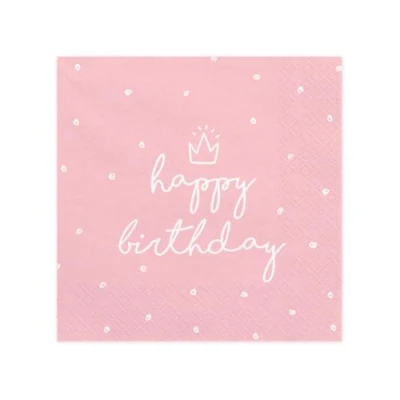 Image of PartyDeco Happy Birthday Napkins 20 Pack, 33x33cm 3 Ply Paper with Polka Dots and Crown Pink Party for Birthdays