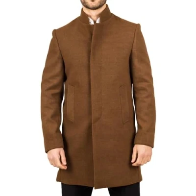 Image of Men&#039;s Overcoat Stand Collar Wool Blend Classic Trench Coat Winter Jacket Brown S