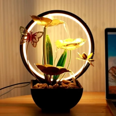 Image of Tabletop Fountain Water Feature with LED Ring Lights &amp; Natural Rocks, USB Powered Desktop Waterfall Zen Indoor Humidifier Decor for Home Office(Style A)