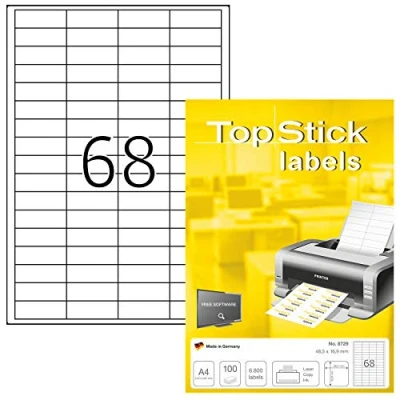 Image of TopStick Self Adhesive Multipurpose Labels, 68 Labels per A4 Sheet, 100 Sheets, 48.5 x 16.9 mm, 6800 Blank Universal Stickers, Sticky for Laser &amp; Inkjet Printer, White