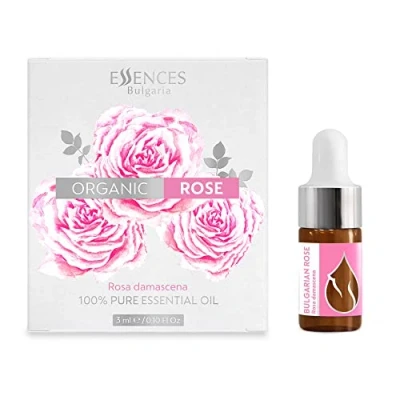 Image of Essences Bulgaria Organic Rose Essential Oil 0,1 Fl Oz 3ml Rosa Damascena 100% Pure and Natural Undiluted Therapeutic Grade Family Owned Farm Steam Distilled Non GMO Vegan