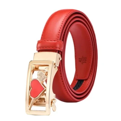 Image of Women Belt Ratchet Leather Slide Belts for Jeans with Heart Automatic Buckle Red