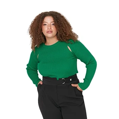 Image of Trendyol Women&#039;s Crew Neck Plain Regular Plus Size Sweater Sweatshirt, Green, 5XL